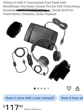 NFINITY USB Transcription Headset with Foot Pedal - Black and Silver